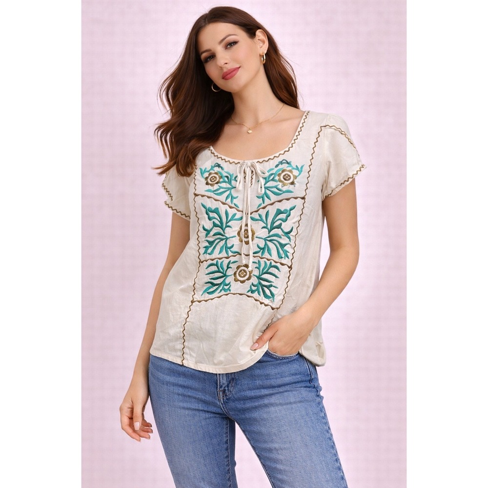 Willow & Clay Embroidered Bohemian Top Short Sleeve Blouse Cream Green Size M‎